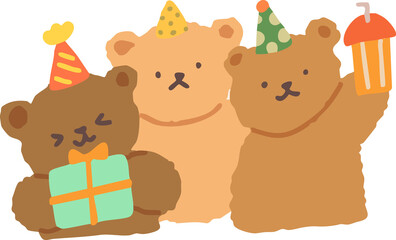 Cute Handdrawn Party Teddy Bear with Drink and Present Illustration