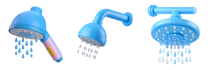 Blue Shower Heads with Water Droplets Illustration on Transparent Background