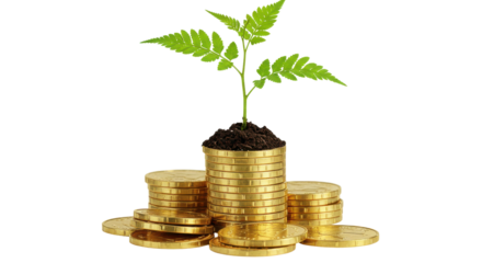 Growth of a green plant emerging from a stack of gold coins isolated on white background symbolizing wealth and sustainability