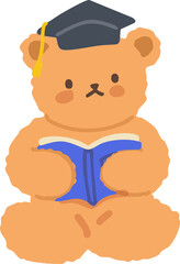 Obraz premium Cute Handdrawn Teddy Bear Graduation Cap Reading Book Illustration