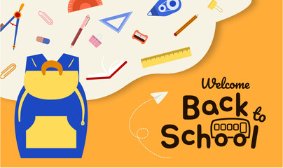 Back to School Vector Illustration with Backpack and Stationery. Fun vector illustration of school bag, pencils, ruler, and supplies on colorful background. Great for education, academic concepts