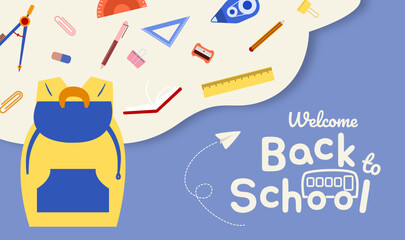 Back to School Vector Illustration with Backpack and Stationery. Fun vector illustration of school bag, pencils, ruler, and supplies on colorful background. Great for education, academic concepts