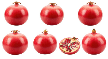 Fresh red pomegranates arranged artistically isolated on white background with one cut open