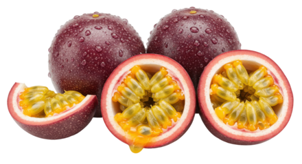 Fresh passion fruits sliced open showcasing juicy seeds isolated on white background ideal for culinary use