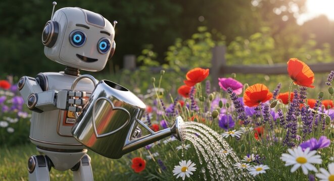 A smiling, silver-bodied robot waters colorful wildflowers in a sunlit garden, holding a watering can with a heart shape