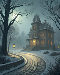 Mysterious victorian mansion shrouded in fog on a cobblestone path with a gas lamp