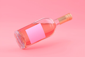 Glass Wine Bottle with Pink Liquid on Solid Pink Background. Mock up promotion information for marketing announcements and details, blank white space.