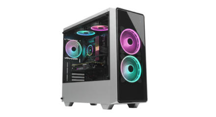 Sleek gaming PC setup isolated on white background with vibrant RGB lighting showcasing internal components