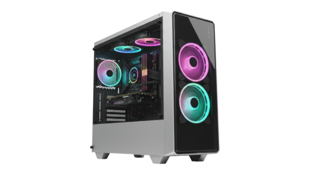 Sleek gaming PC setup isolated on white background with vibrant RGB lighting showcasing internal components