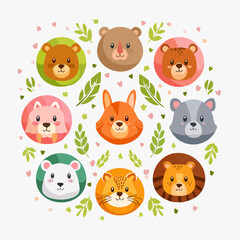 Fototapeta premium Cartoon Animal Faces Collection: Cute Wildlife Circle