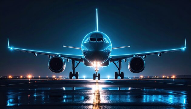 Front view of a modern passenger airplane on a wet runway at night with blue neon outline