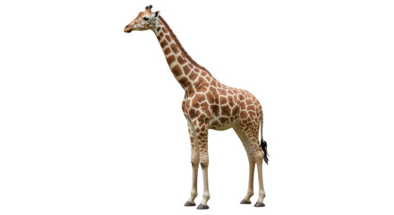 Fototapeta premium A majestic giraffe isolated on white background standing tall in savannah environment