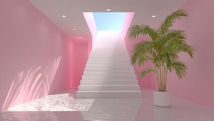 Pink interior with white stairs, skylight, palm