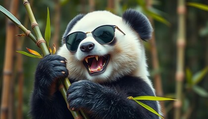 Obraz premium A jovial, round panda in sunglasses playfully clutches bamboo stalks, cartoon, summer