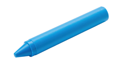 A vibrant blue crayon lying on a clean white surface ready for artistic creativity isolated on white background
