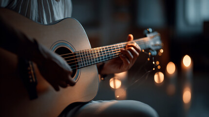 Obraz premium Close-up captures the intimacy of a person playing an acoustic guitar in a dimly lit setting