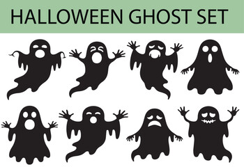Collection of eight black halloween ghost silhouettes with varied expressions on a white background