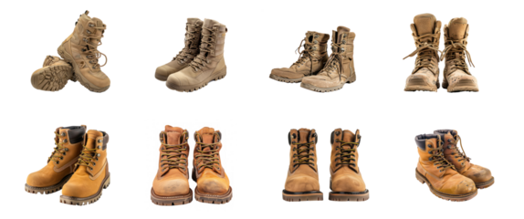 A collection of various types of boots, including military and work boots, arranged in a grid pattern on a transparent background