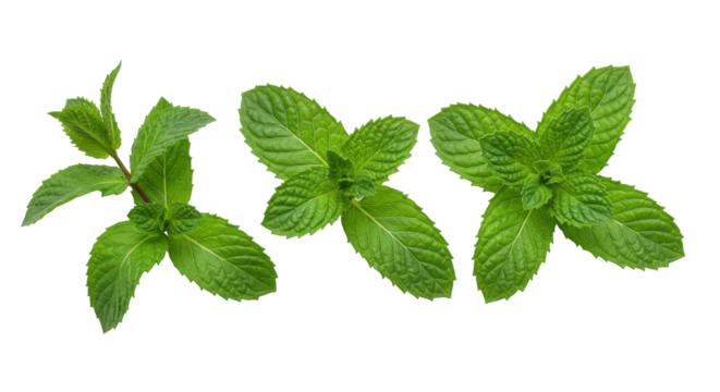 Fresh mint leaves arranged in a row showcasing their vibrant green color and texture isolated on white background