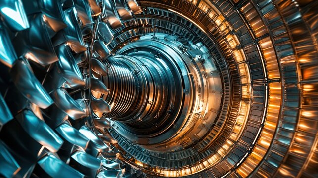 A close-up, low-angle shot reveals the intricate inner workings of a jet engine. The engine&acirc;&euro;&trade;s central shaft is surrounded by a dense array of metallic blades
