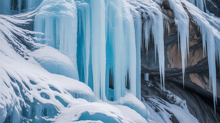Frozen waterfall with icicles in winter wonderland, a stunning display of natures artistry and the beauty of the cold season
