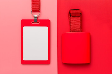 Red ID Badges with Lanyards on Contrasting Backgrounds. Mock up promotion information for marketing announcements and details, blank white space.