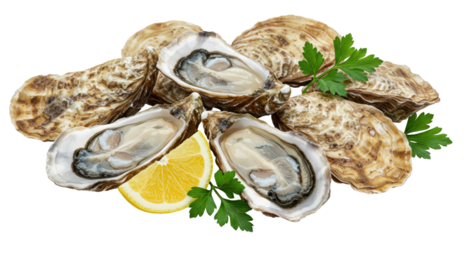 Fresh oysters on a bed of parsley and lemon isolated on white background showcasing a seafood feast setup