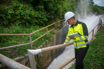 A dam engineer is inspecting the release of water from the dam through the hydroelectric station