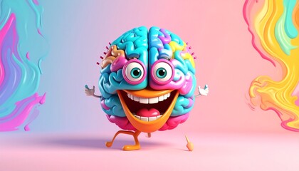 Generated image. Cartoon happy brain. Happy and cheerfull brain. Illustration of the brain when a person is happy