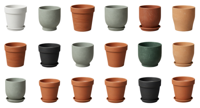 A diverse collection of potted plants arranged in a grid isolated on white background showcasing various styles and colors