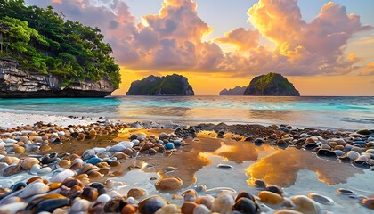 Colorful Sunset Over Tropical Beach with Pebble Reflection