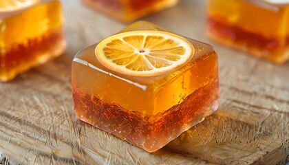 Refreshing Orange Jelly Cubes with Citrus Garnish on a wooden surface 