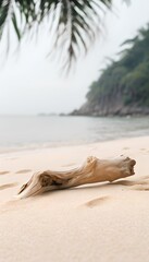 Single Driftwood Branch on a Calm Tropical Beach with a Hillside View