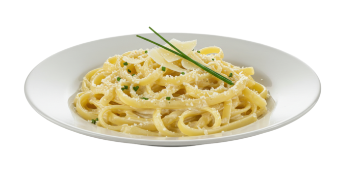 Creamy fettuccine pasta garnished with herbs and cheese isolated on white background served elegantly