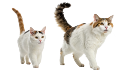 Two Turkish Van cats walk gracefully, showcasing their unique patterns and vibrant personalities in lively setting