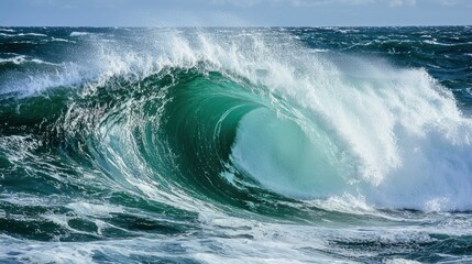 Obraz premium A massive, powerful wave crests dramatically over a turbulent ocean. The wave is a vibrant, deep turquoise color, transitioning to lighter shades of green and white as it rises. 