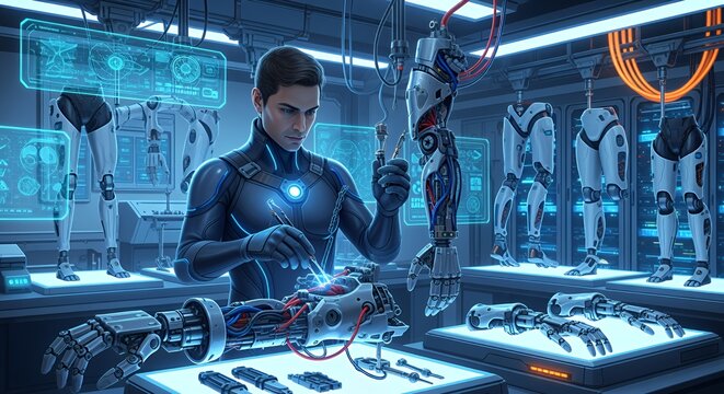 Cybernetics Lab: A futuristic technician meticulously repairs a complex robotic limb amidst a collection of advanced prosthetic components.