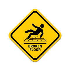 Yellow diamond warning sign for broken floor hazard with falling person icon