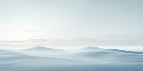 Fototapeta premium A serene landscape photograph depicts a vast, undulating terrain shrouded in a thick layer of mist or fog. The foreground is dominated by a deep, dark black, while the distant mountains 