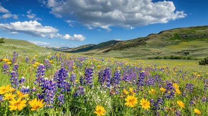 Fototapeta premium A vibrant meadow filled with wildflowers under a clear blue sky with fluffy white clouds. Rolling hills covered in lush green grass are in the background, 