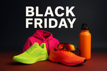 Product composition for a Black Friday campaign. Sportswear and accessories in vibrant colors for advertising fitness discounts.