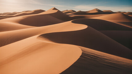 Scenic view of the sahara desert with sand dunes under a clear blue sky, a vast and arid landscape for travel and adventure