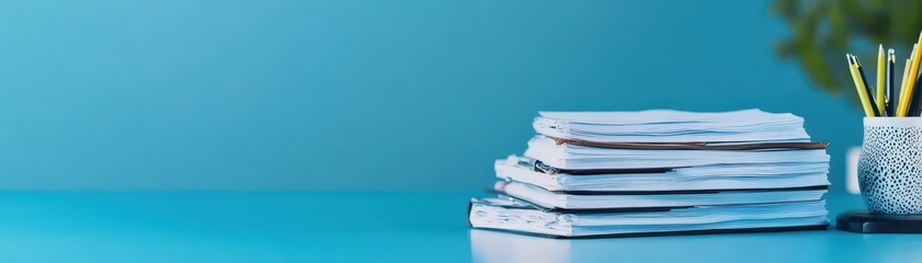 Stack of neatly arranged official documents and reports with a pen holder filled with pens on a blue background for academic or office workspace setup