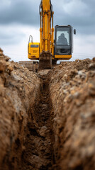 Fototapeta premium Yellow excavator digging trench in wet soil under cloudy skies