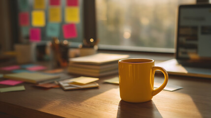 A vibrant yellow mug sits on a wooden desk surrounded by stationery and colorful sticky notes, with warm sunlight streaming in.