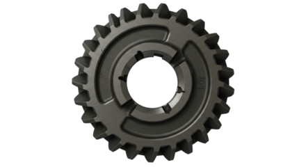 Close-up of a black gear cog showcasing intricate teeth design isolated on white background
