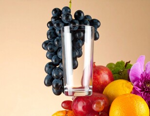 Ultra-Realistic Transparent Glass Tumbler with Fresh Fruits Background