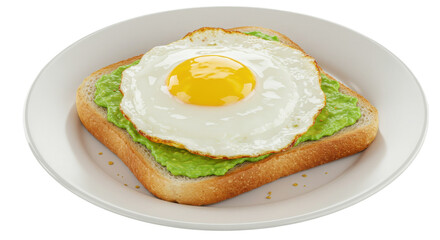 Delicious avocado toast topped with a sunny-side-up egg on a white plate isolated on white background