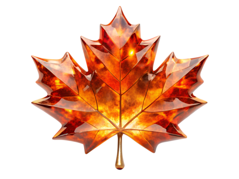 A translucent amber maple leaf, isolated on transparent background, showcasing the vibrant colors and intricate details of autumns iconic symbol