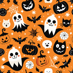 Fototapeta premium Spooky and festive seamless repeating halloween pattern design with classic motifs and vibrant colors